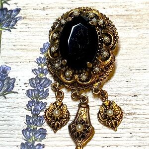 Vintage  Filigree Black Glass Imitation Pearl Pin Brooch